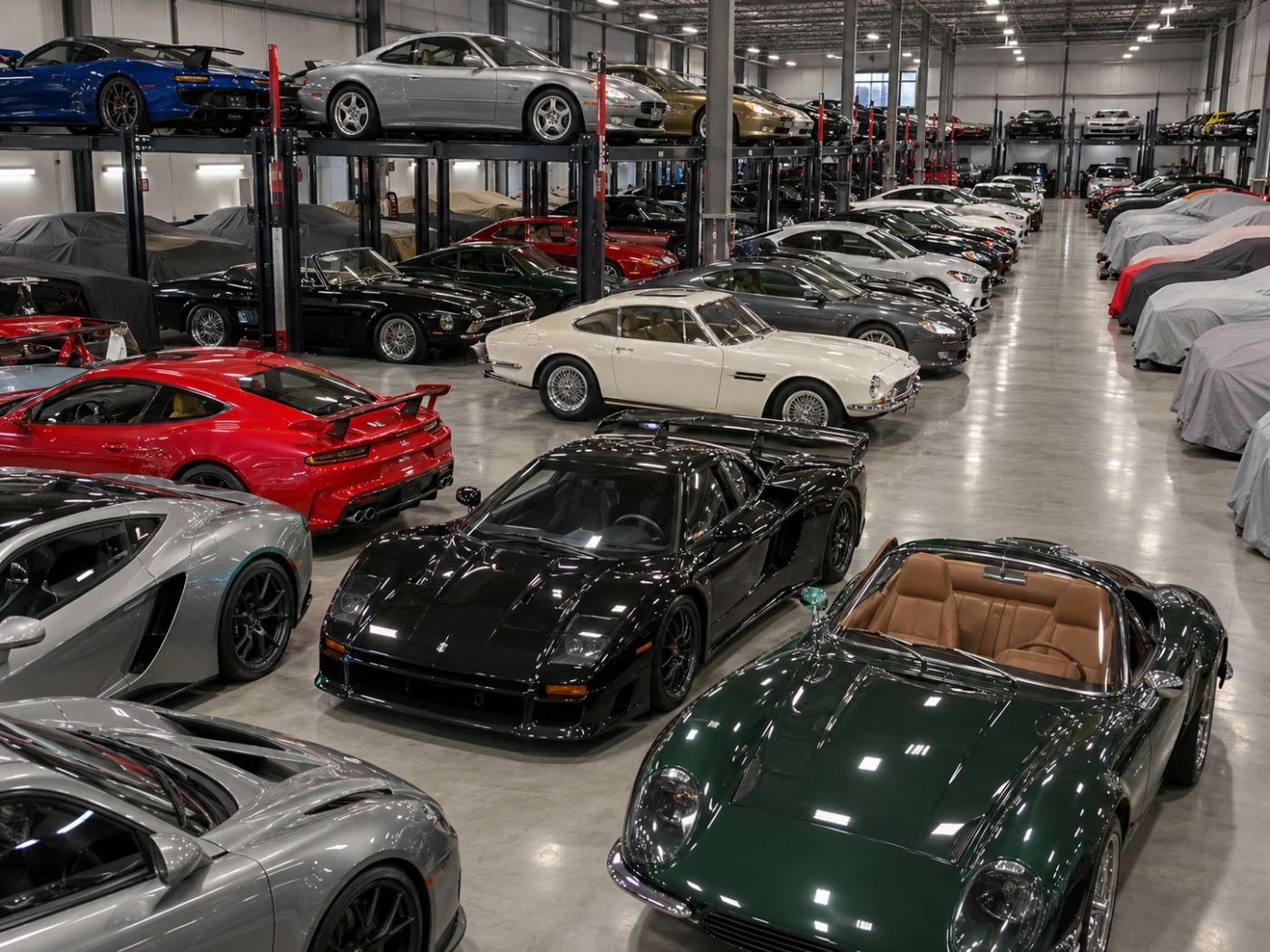 Large indoor car storage facility with sports and classic cars on the floor and on racks (example for car storage in Townsville)