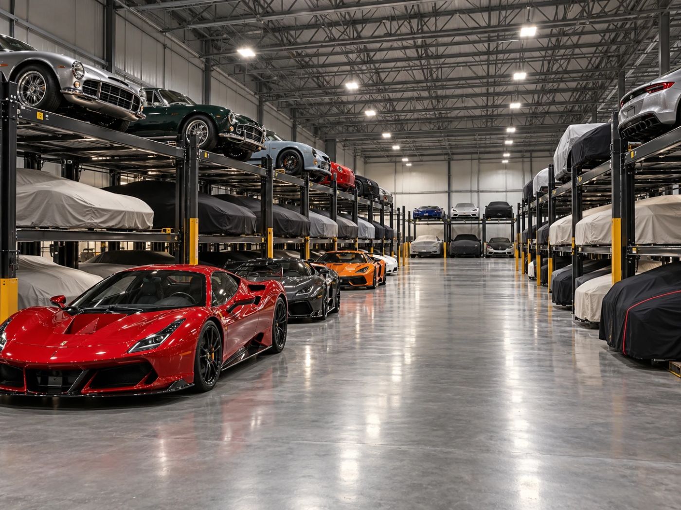 Car storage warehouse with stacked car racks and covered cars (example for car storage in Northgate)