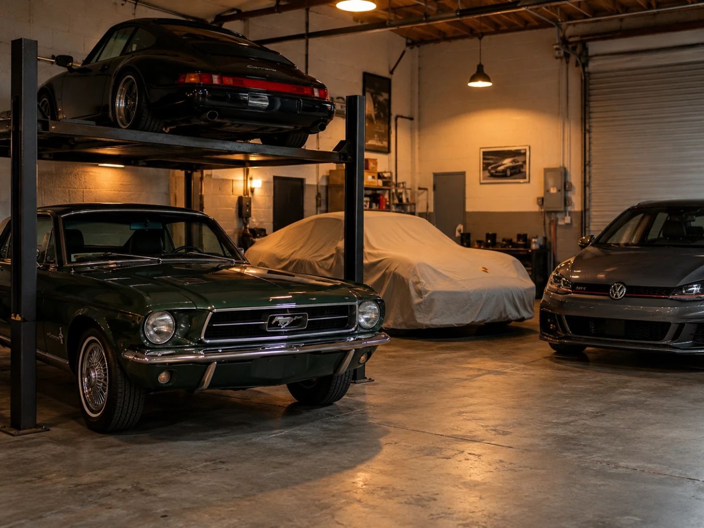 Classic cars stored indoors on a car lift and under a cover (example for car storage in Chullora)