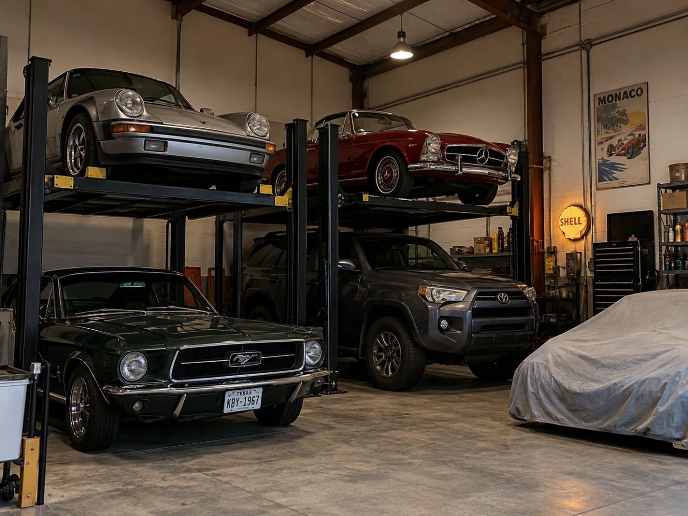 Enthusiast garage storing classic cars, an SUV and a covered car (example for car storage in Chullora)